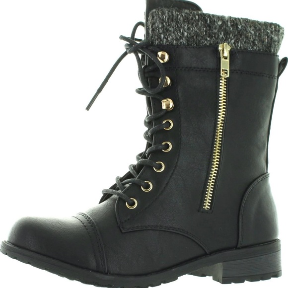 Forever Link Women’s Mango-31 Round Toe Military Knit Ankle Cuff Low Heel Boot - Picture 3 of 6